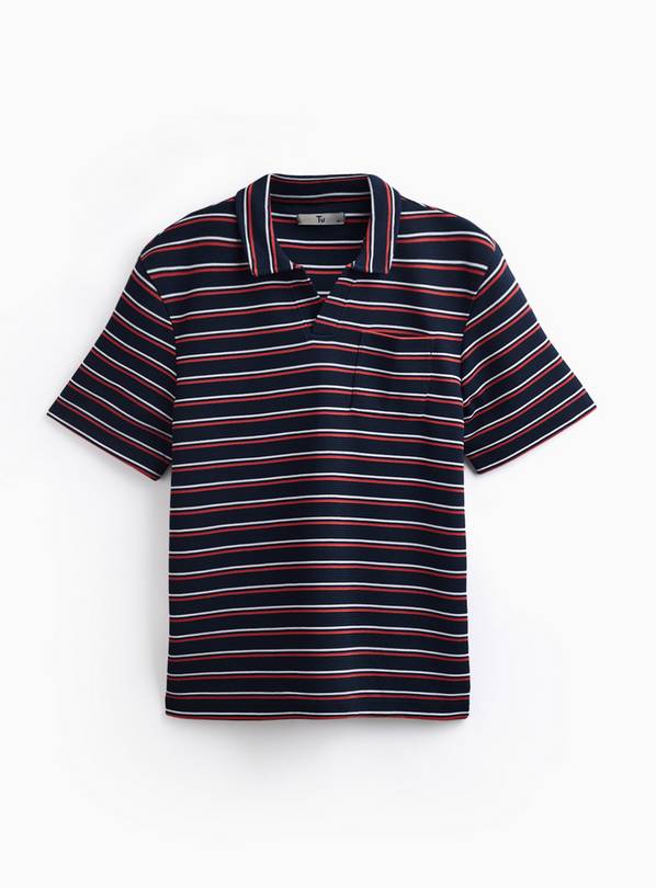 Navy Stripe Print Trophy Neck Knitted Polo XXXXL